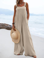 Women's summer Bella Mia ethnic solid color wide-leg jumpsuit, casual and stylish, shown on a model.