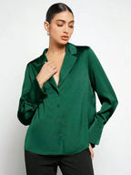 Bella Mia satin faux silk long sleeve shirt for women, minimalist spring summer top with a smooth, shiny fabric and classic fit.