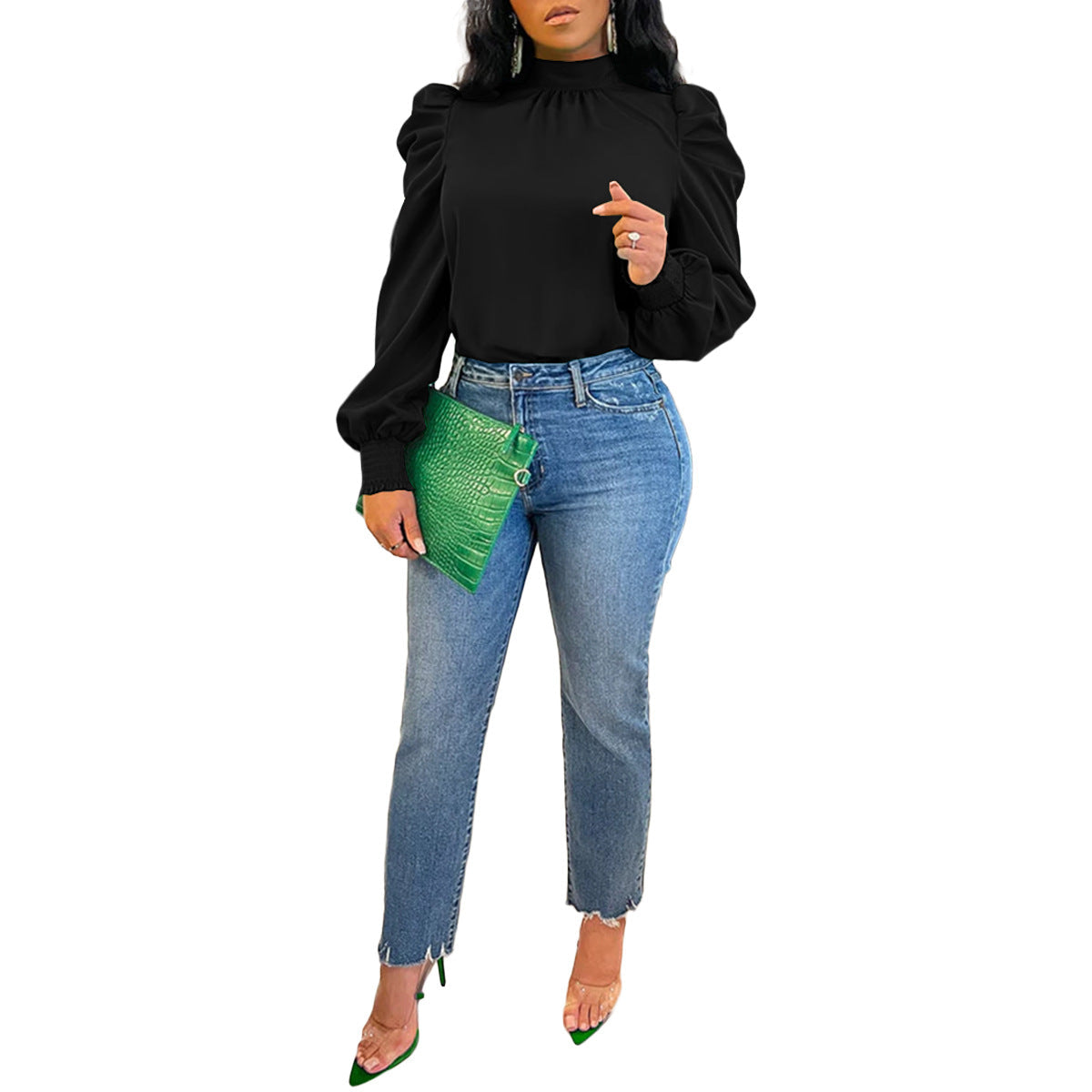 Women Clothing Four Seasons Solid Color Long Stand up Collar Puff Sleeve Back Lace up Top Bella Mia