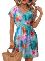 Casual V-neck sleeveless mesh dress from Plush Fashion Hub, short-sleeved, cinched waist, designed for women.
