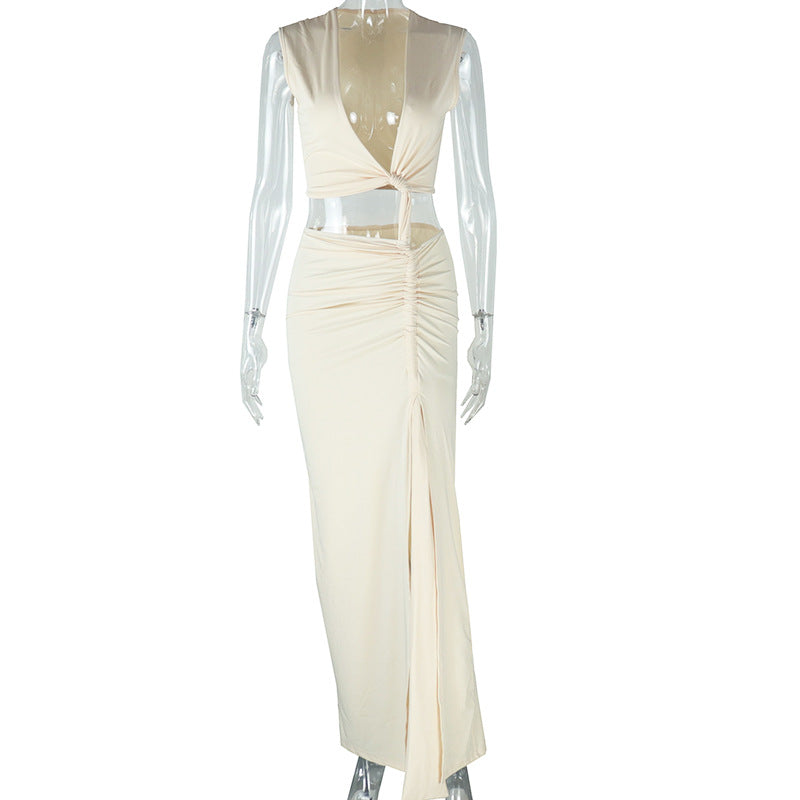 Women’s Bella Mia solid color dress with oblique V-neck, off-shoulder, sleeveless, asymmetrical slit, and irregular hem.