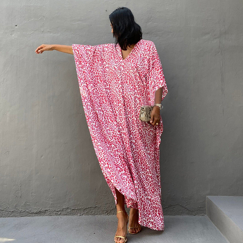 Printed plush fashion hub long beach cover-up dress with sun protection, perfect for vacation or swimming pool outings.