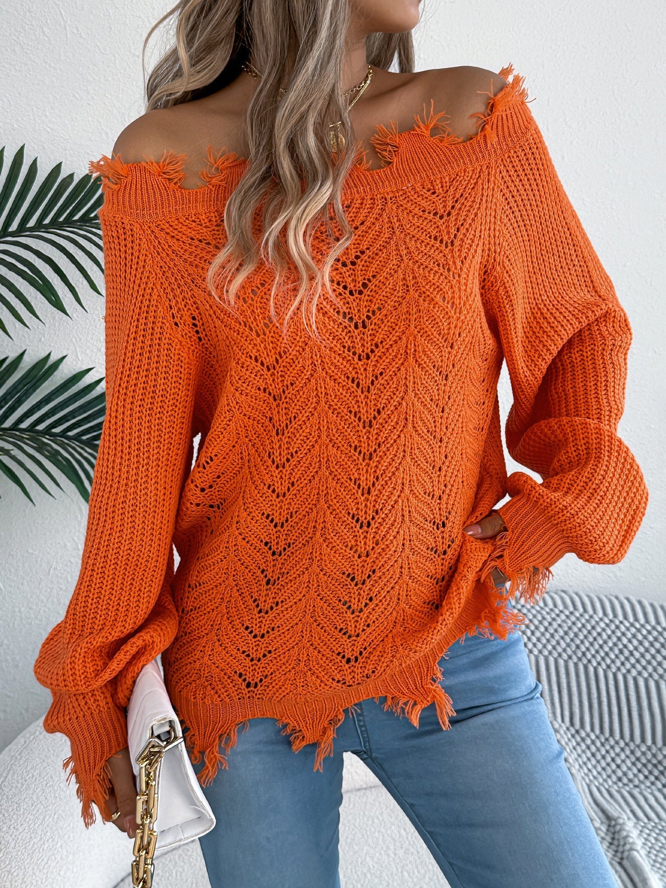 Autumn Winter Solid Color Hollow Out Cutout out Long Sleeve Cut off Shoulder Pullover Sweater Women Clothing Bella Mia