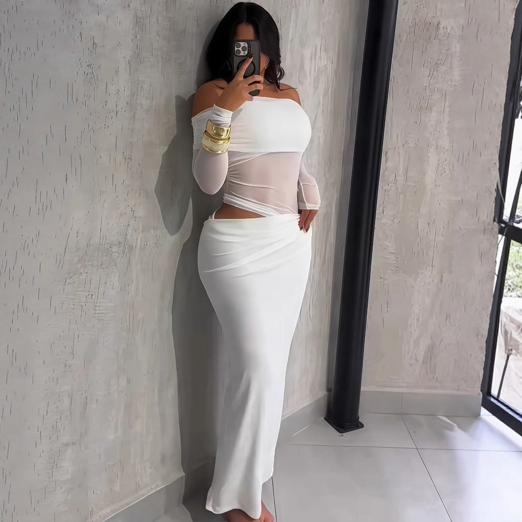 Summer women’s maxi dress by Bella Mia featuring sexy mesh stitching, slim fit tube top, long sleeves, perfect for warm weather.