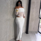 Summer women’s maxi dress by Bella Mia featuring sexy mesh stitching, slim fit tube top, long sleeves, perfect for warm weather.