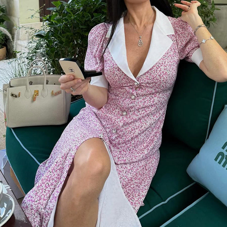 Elegant floral summer dress by Plush Fashion Hub featuring polo collar, short sleeves, high waist, and A-line print design.