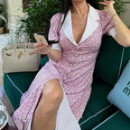 Elegant floral summer dress by Plush Fashion Hub featuring polo collar, short sleeves, high waist, and A-line print design.