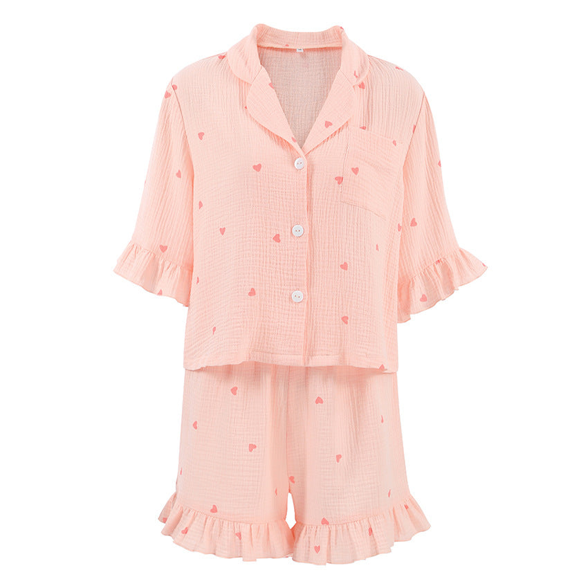 Bella Mia women's summer pajama bottoms with crepe cotton and heart print, short sleeves, and matching shorts for comfortable home wear