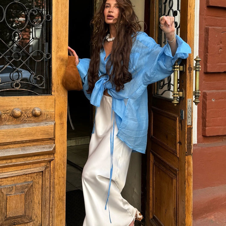 Women Clothing Early Autumn Polo Collar Long Sleeve Tencel Shirt Office All Match Loose Shirt Bella Mia