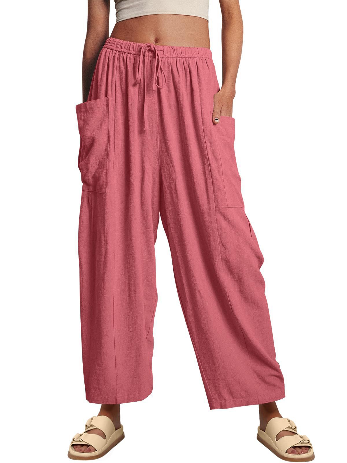 Women’s high waist pleated wide leg cotton linen pants with elastic waist, casual loose fit, by Plush Fashion Hub.
