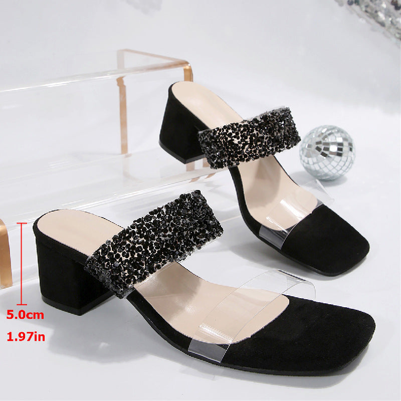 One Strap Mid Heel Slippers Women Chunky Heel Square Toe Rhinestone Chunky Heel Sandals Bella Mia