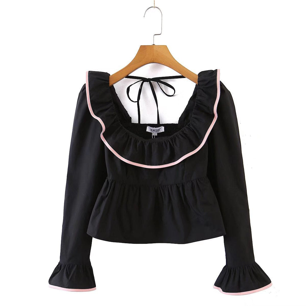 Summer Wind women’s solid color long sleeve ruffled shirt by Bella Mia, featuring a stylish and elegant design.
