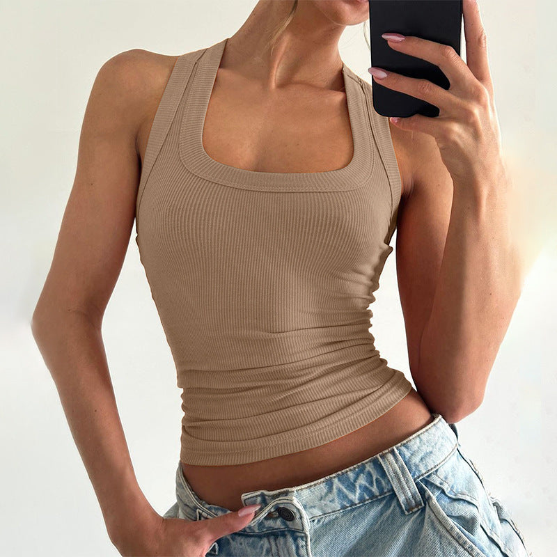 Bella Mia women's summer slim fit U collar solid color cropped vest, stylish I-shape design for women.