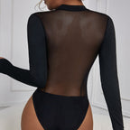 Bella Mia backless mesh jumpsuit with round neck, cutout design, slim fit, patchwork details, and inner push-up support.