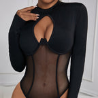 Bella Mia backless mesh jumpsuit with round neck, cutout details, slim fit, and patchwork design featuring push-up inner support.