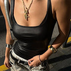 Women’s summer solid color coated shoulder strap vest by Bella Mia, featuring a sexy U collar and cropped exposed design.