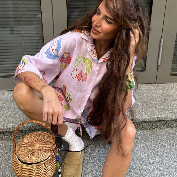 Summer women's casual two-piece set with collared short sleeve shirt and shorts, digital print from Plush Fashion Hub.