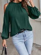 Bella Mia women's autumn winter pleated off-shoulder blouse with lotus leaf round neck and long sleeves, solid color, stylish top.