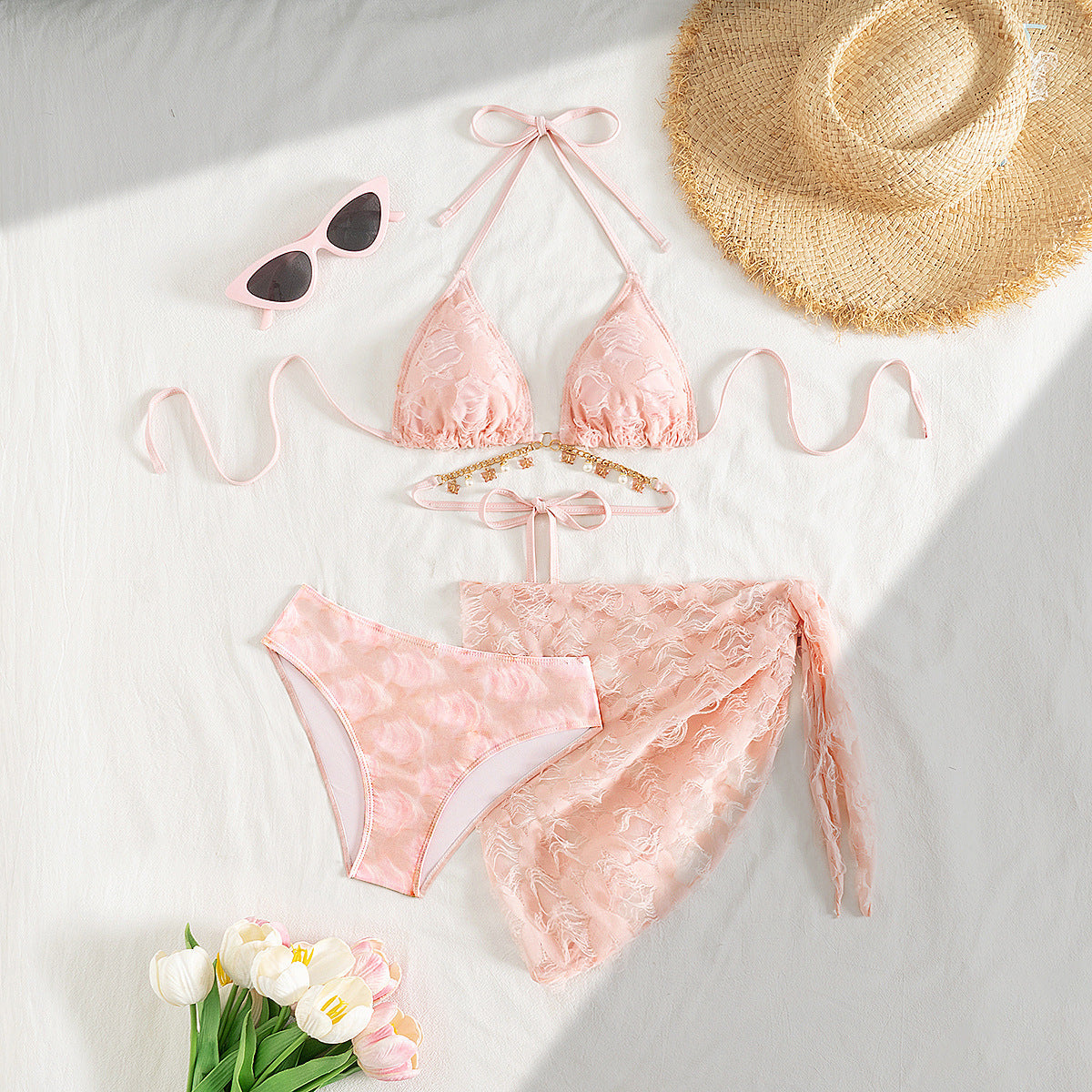 Bella Mia women's high-sense lanyard bikini split three-piece swimsuit, featuring stylish swimwear design with a matching top, bottom, and lanyard.