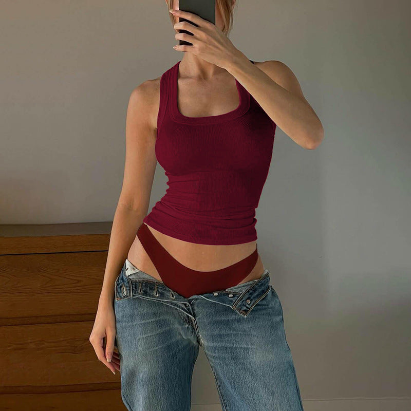 Bella Mia women’s summer sleeveless vest with a sexy U collar, solid color, slim fit, cropped style, perfect for warm weather.
