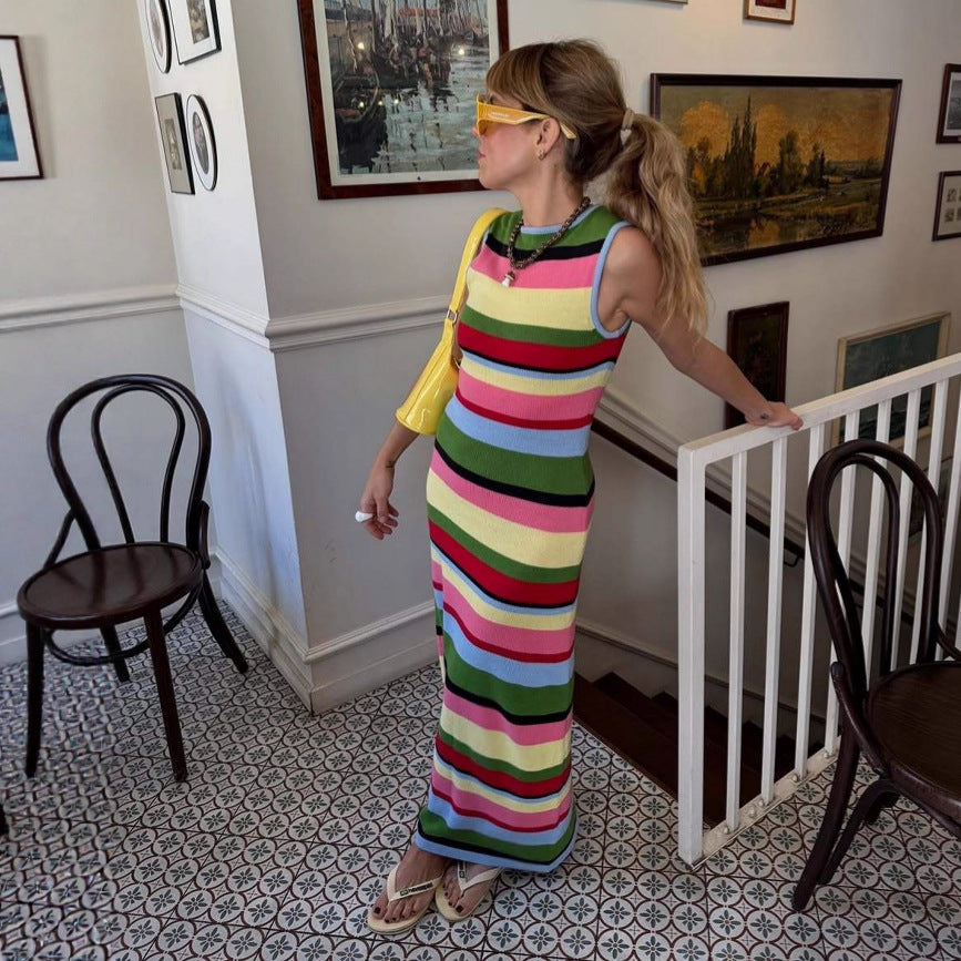 Slimming sleeveless rainbow striped knitted maxi dress for women by Plush Fashion Hub, casual style with a fitted waist.