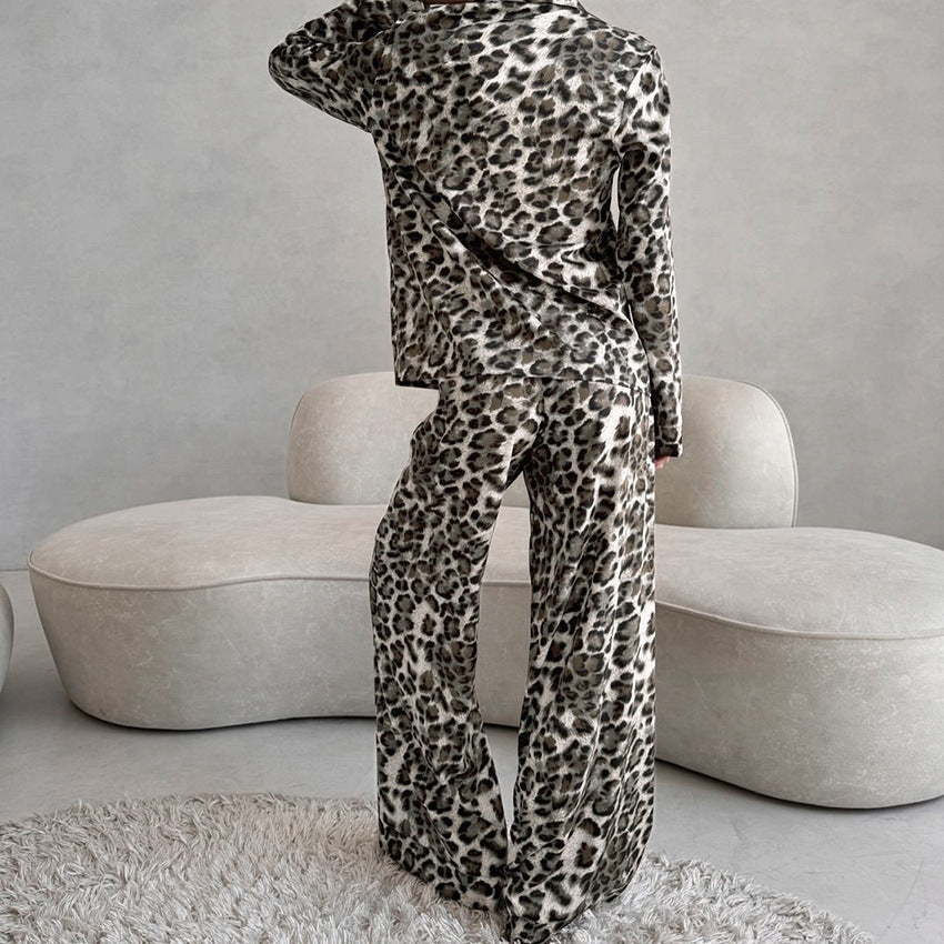 Autumn Satin Leopard Print Soft Comfortable Pajamas Long Sleeved Trousers Women Homewear Bella Mia