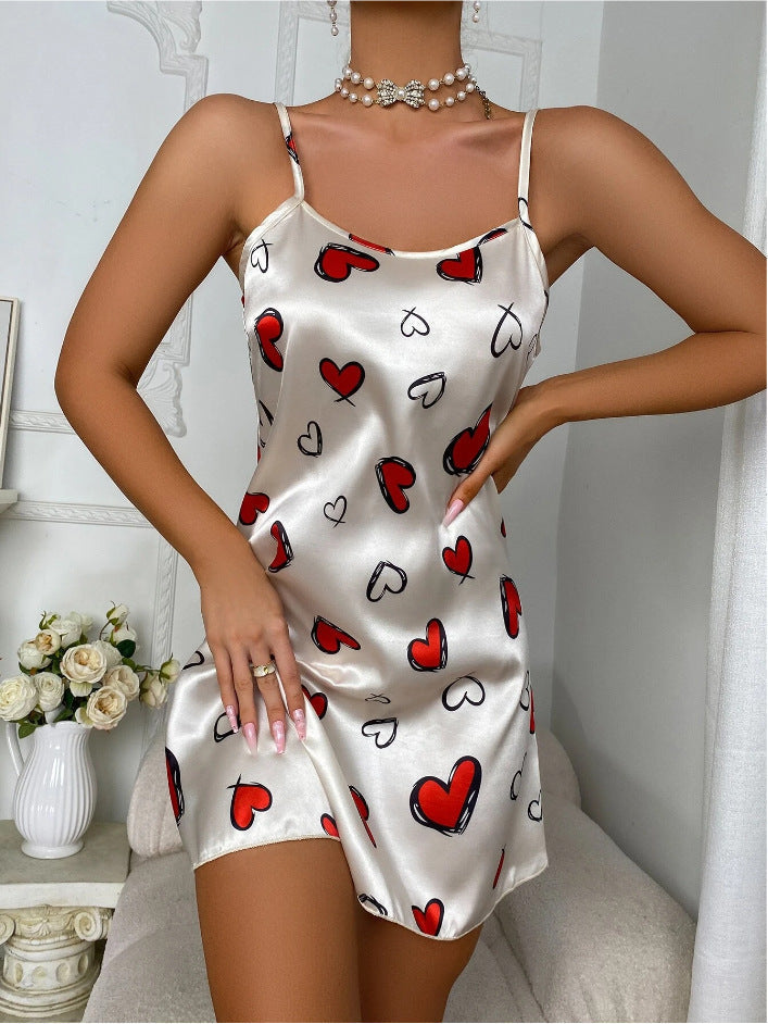 Women Ice Silk Strap Night Dress Sexy Backless Pajamas Women Thin Breathable Printed Suspender Dress Bella Mia
