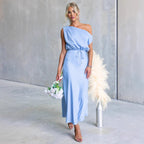 Summer off-the-shoulder dress by Plush Fashion Hub featuring a sloping shoulder design and solid color, perfect for warm weather.