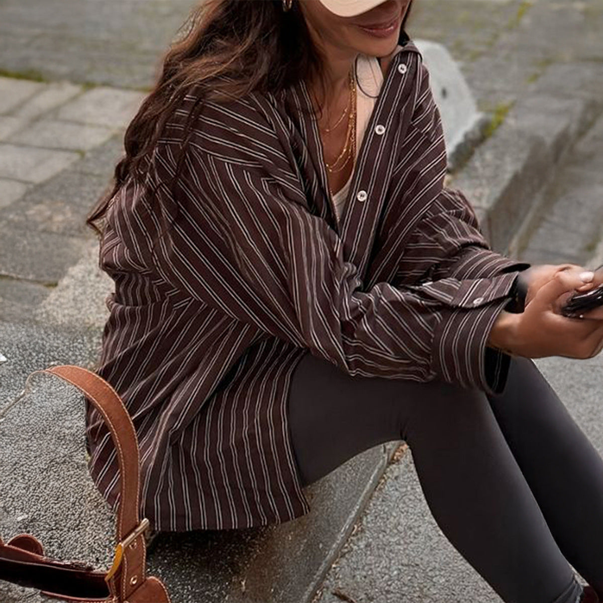 Women’s plaid long sleeve coat shirt by Plush Fashion Hub, perfect for autumn casual vacation, shown in a stylish relaxed fit.