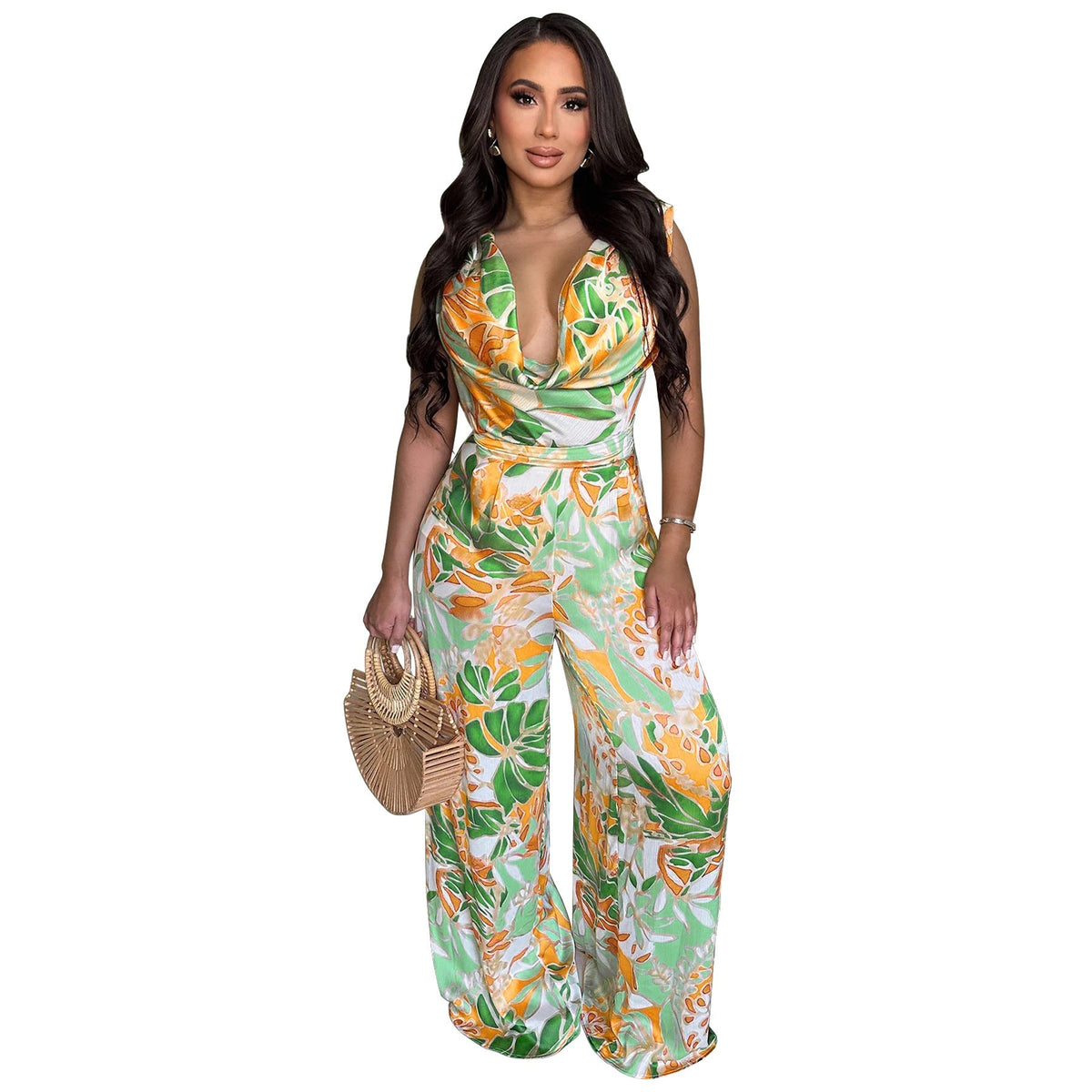 Women’s sleeveless lace-up wide-leg printed jumpsuit by Plush Fashion Hub, featuring a stylish design and vibrant pattern.