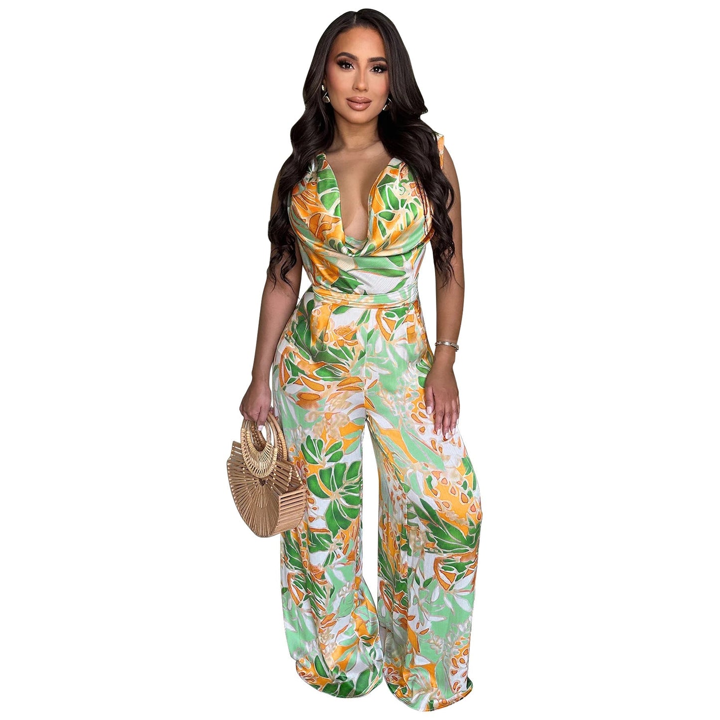 Women’s sleeveless lace-up wide-leg printed jumpsuit by Plush Fashion Hub, shown with a fitted bodice and flowing pants.