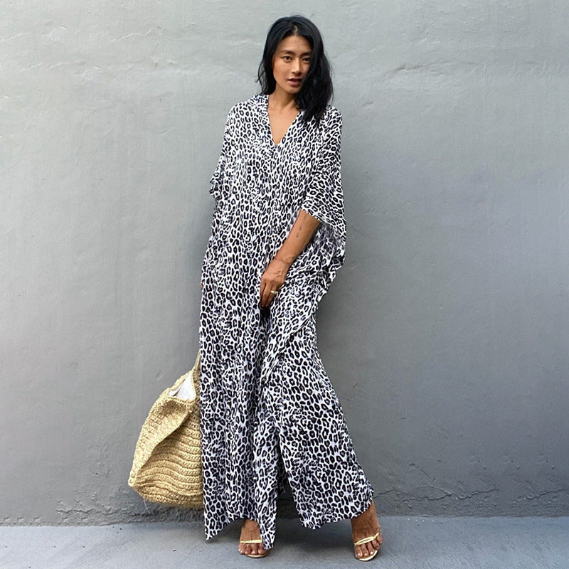 Printed long beach cover-up dress by Plush Fashion Hub featuring a maxi style, sun protection blouse, perfect for vacations and swimsuits.