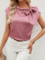 Bella Mia satin women's top featuring a half open collar and bow design, showcasing a sleek, stylish blouse with special interest details.