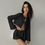 Bella Mia spring white cotton cardigan and lace-up long sleeve shorts pajamas two-piece set for ladies, casual homewear.