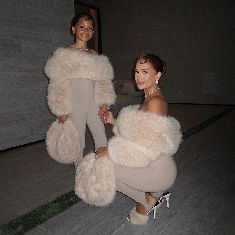 Autumn Winter Women Clothing Sexy Plush Stitching High Waist Slim Solid Color Jumpsuit Bella Mia