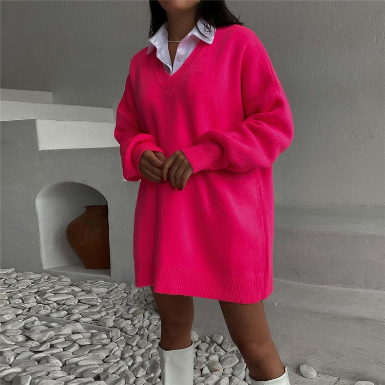Women's long sleeve V-neck knitted sweater dress by Plush Fashion Hub, casual loose fit in autumn winter knitwear.