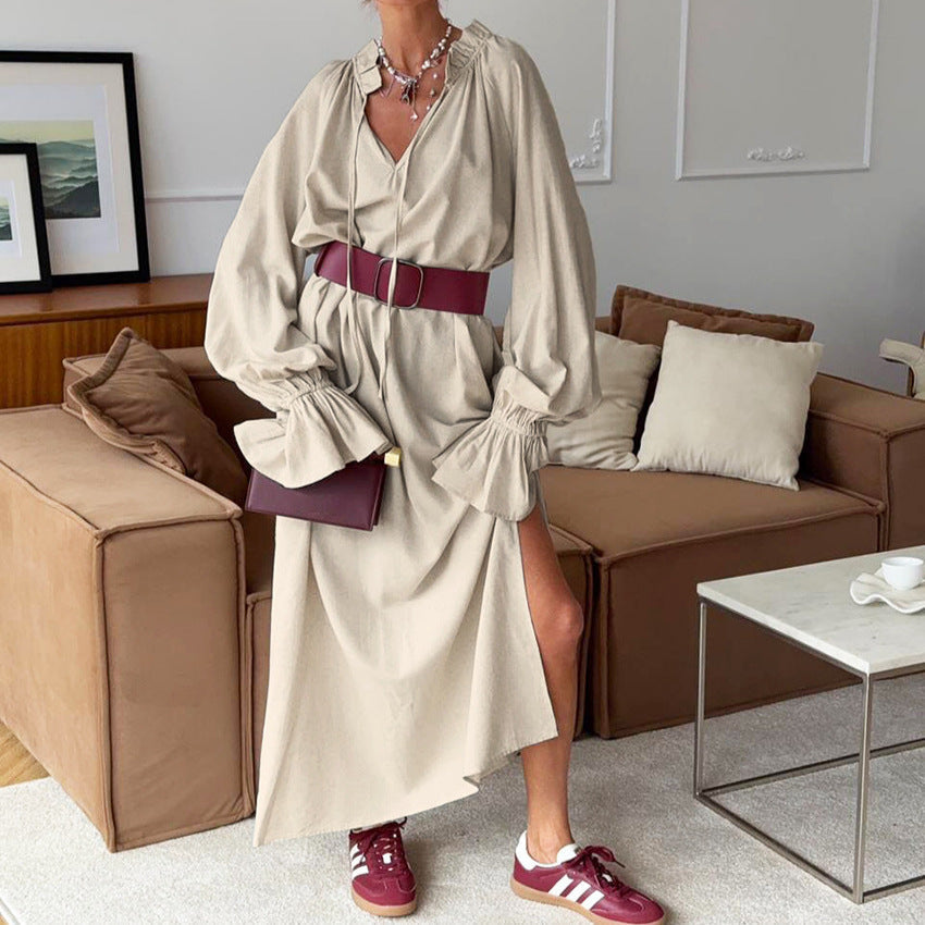 Elegant Bella Mia French design split lace-up maxi dress for women, featuring long linen fabric and sophisticated office style.