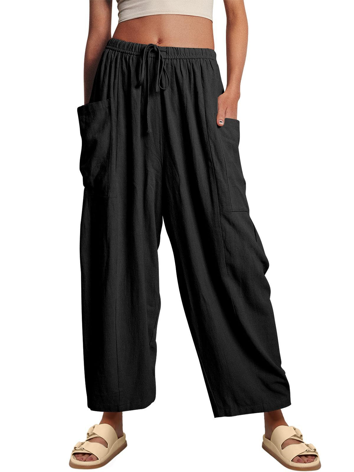 Women’s high waist wide-leg cotton linen pants with elastic waist and pleated design, casual loose fit from Plush Fashion Hub