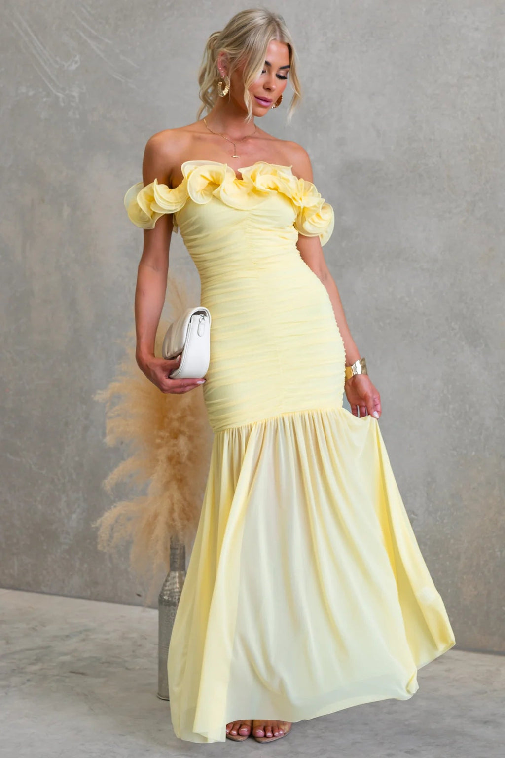 Solid color mesh off-shoulder dress by Plush Fashion Shop, slim fit summer vacation dress with sexy, stylish design.