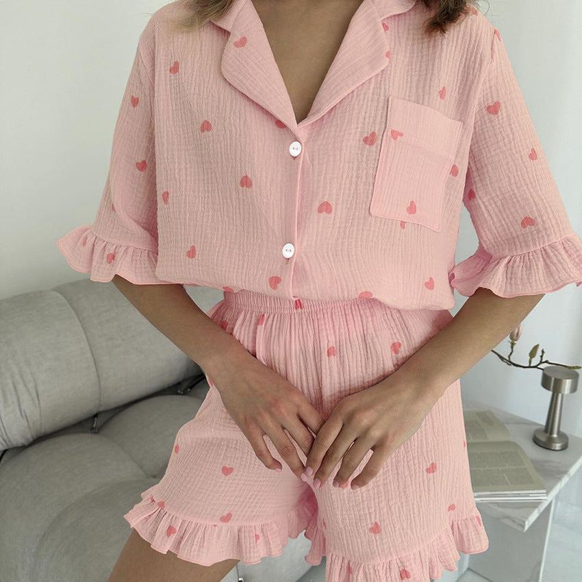 Bella Mia women's summer crepe cotton pajama shorts with heart print, short sleeves, and two-piece home wear set.