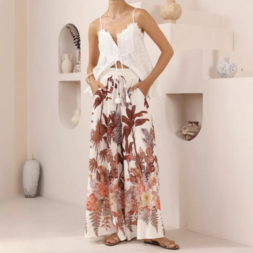 Plush Fashion Hub summer wide-leg pants with leaf print, casual loose fit, lightweight fabric, perfect for warm weather.