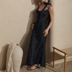 Polka dot strap maxi dress with halter neck and fishtail silhouette from Plush Fashion Hub, perfect for summer wear.