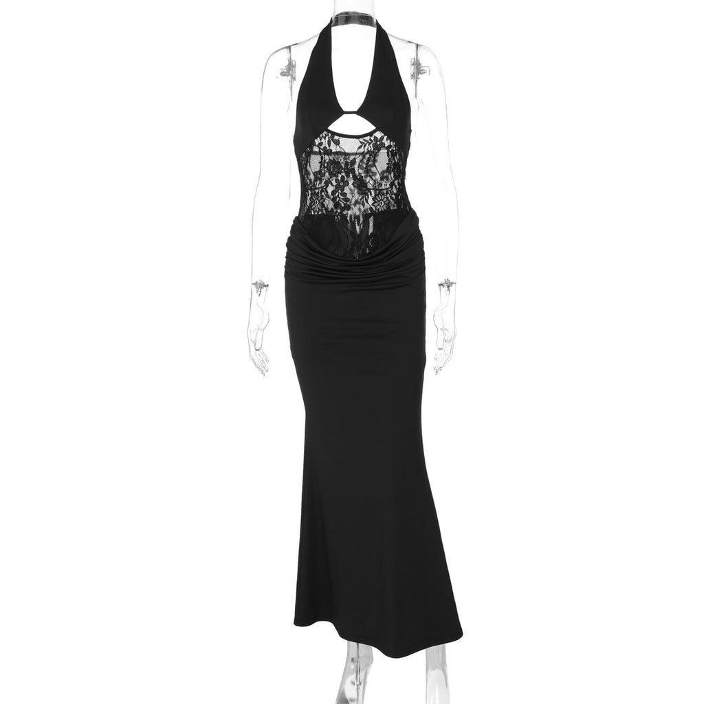 Bella Mia summer halter backless lace cutout maxi dress with slim fit sheath style, featuring a sexy, elegant design.