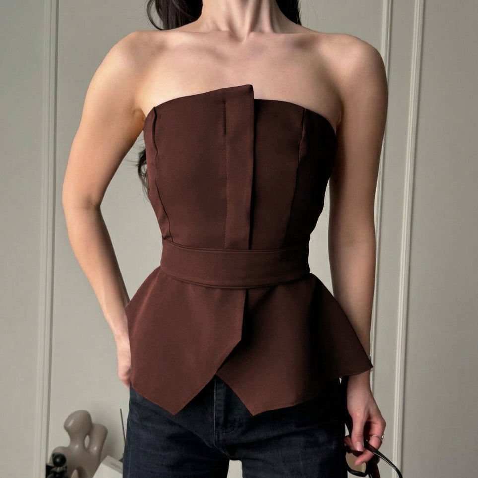Plush Fashion Hub summer slim fit tied waist tube top with side slit, stylish women’s vest top for warm weather.