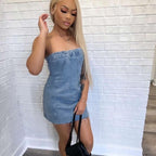 Bella Mia denim backless dress for women, featuring a washed chest wrap design, perfect for spring and summer wear.