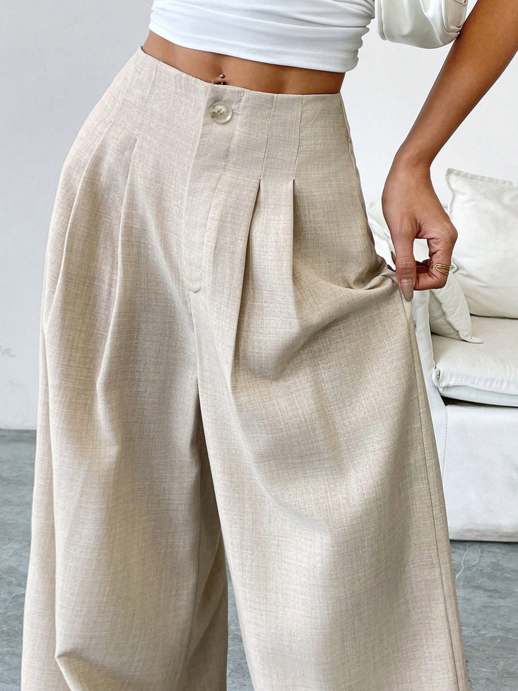 Elegant apricot Bella Mia women's straight casual pants with a loose, slim fit and drooping design for autumn and winter wear.