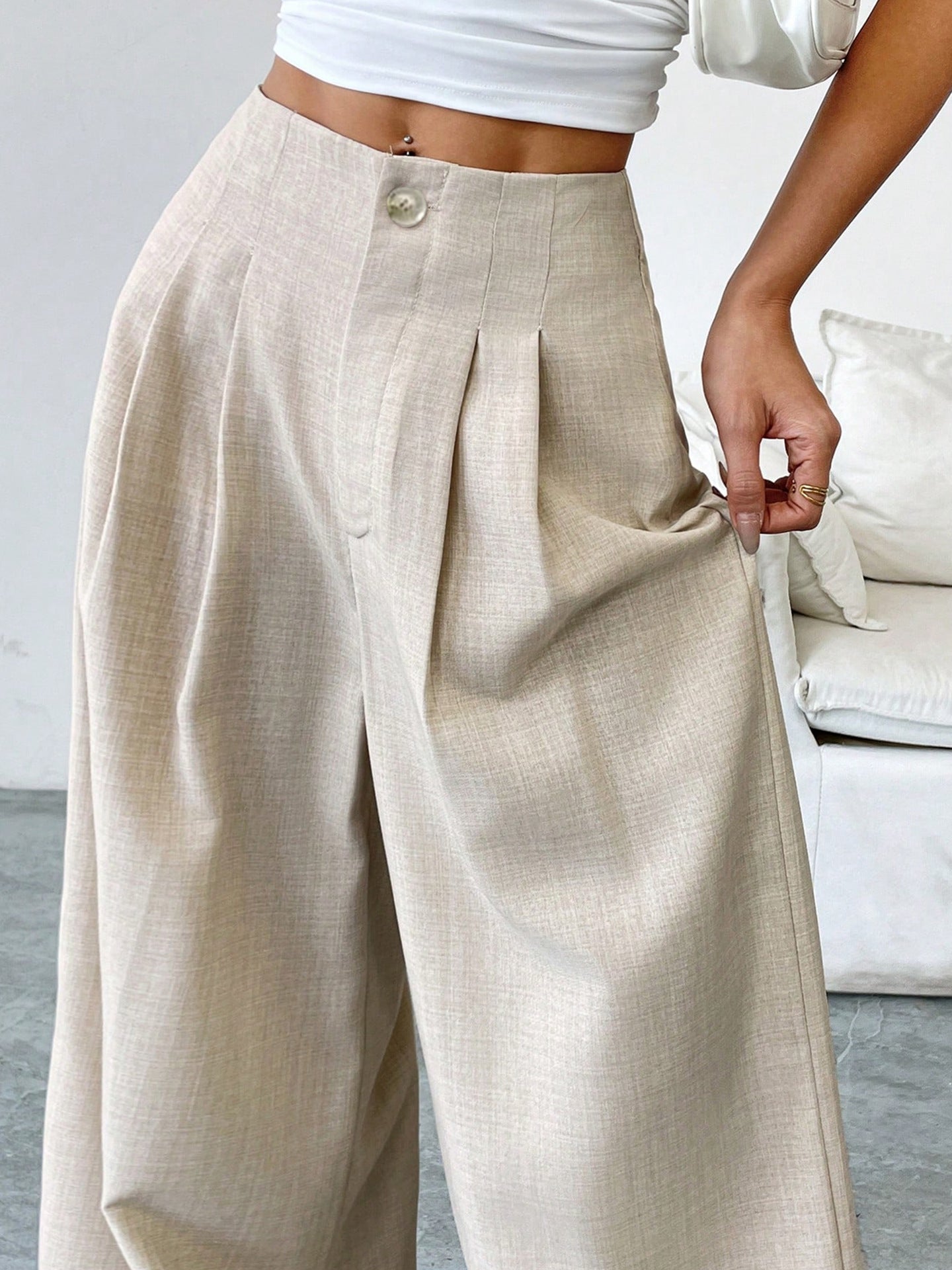 Light-colored women's straight drop-shoulder casual pants by Plush Fashion Hub, featuring a loose, elegant autumn-winter design.