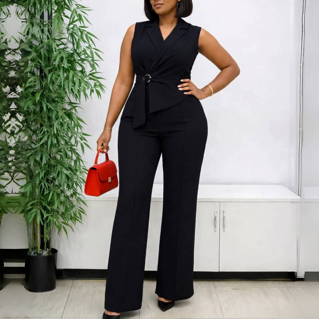 Light beige sleeveless jumpsuit with collar, lace-up front, and wide-leg bottoms from Plush Fashion Hub, perfect for summer wear.