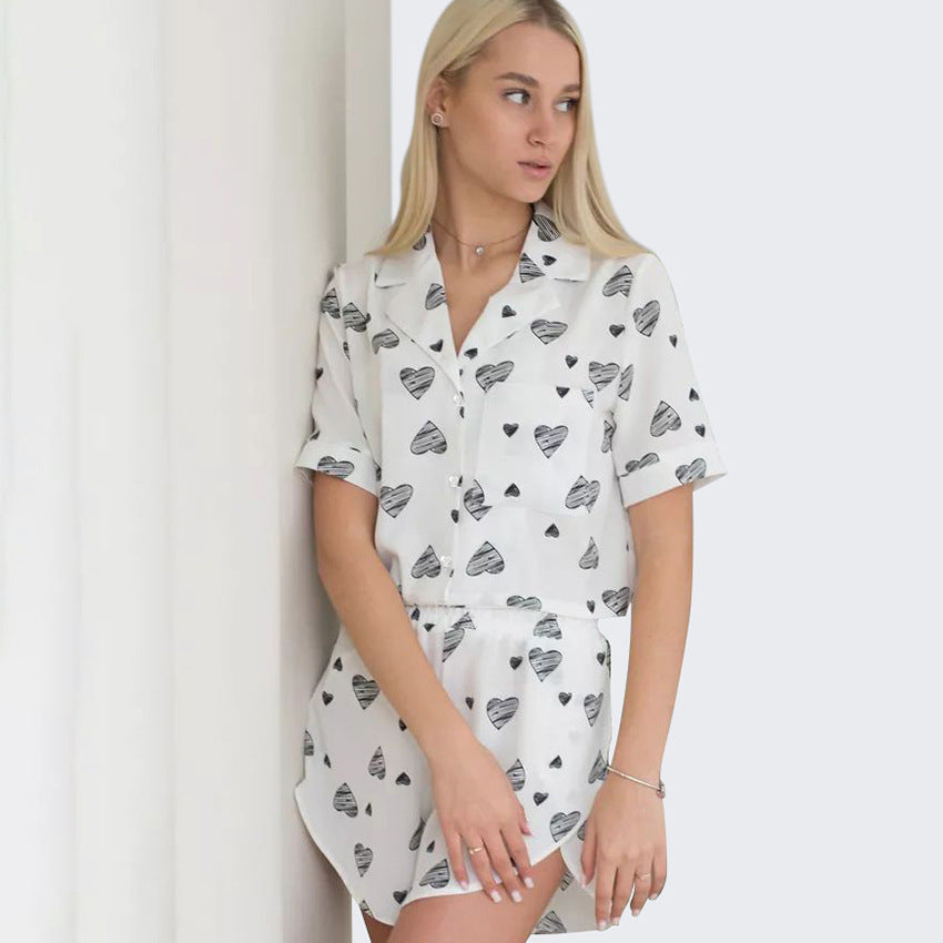 Bella Mia women's short sleeve heart print cardigan and split shorts pajamas, casual comfort home wear, rings included.