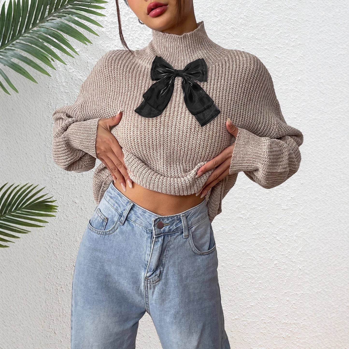 Women Top Half Turtleneck Pullover Black Mesh Bow Patched Color Floral Velvet Autumn Winter Undershirt Bella Mia